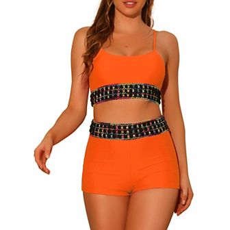 Women's 2 pc Contrast Color High Waisted Bikini Top and Shorts Swimsuit