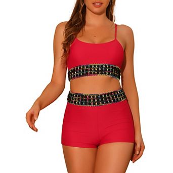 Women's 2 pc Contrast Color High Waisted Bikini Top and Shorts Swimsuit