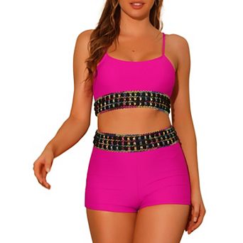 Women's 2 pc Contrast Color High Waisted Bikini Top and Shorts Swimsuit