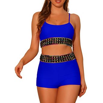 Women's 2 pc Contrast Color High Waisted Bikini Top and Shorts Swimsuit