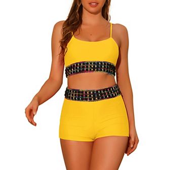 Women's 2 pc Contrast Color High Waisted Bikini Top and Shorts Swimsuit