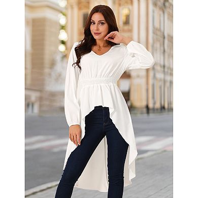 Women's Long Sleeve V Neck Elastic Waist Asymmetrical Irregular Hem Casual Tops Blouse