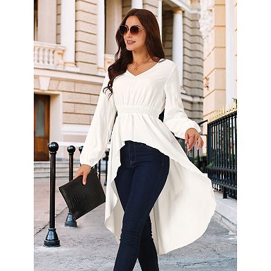 Women's Long Sleeve V Neck Elastic Waist Asymmetrical Irregular Hem Casual Tops Blouse