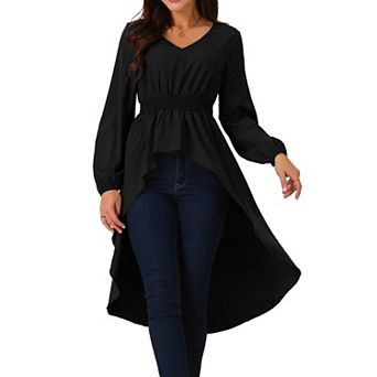 Women's Long Sleeve V Neck Elastic Waist Asymmetrical Irregular Hem Casual Tops Blouse