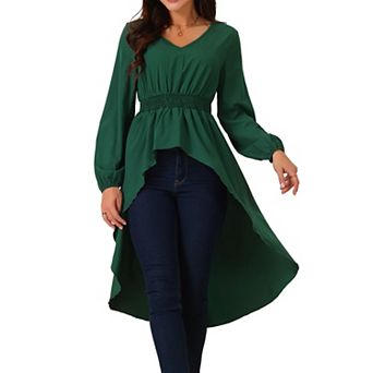 Women's Long Sleeve V Neck Elastic Waist Asymmetrical Irregular Hem Casual Tops Blouse