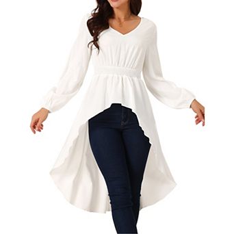 Women's Long Sleeve V Neck Elastic Waist Asymmetrical Irregular Hem Casual Tops Blouse