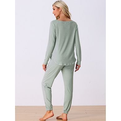 Womens Pajama Set Long Sleeve Knit Round Neck Loungwear Set