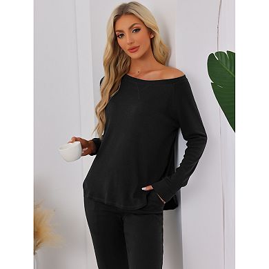 Womens Pajama Set Long Sleeve Knit Round Neck Loungwear Set