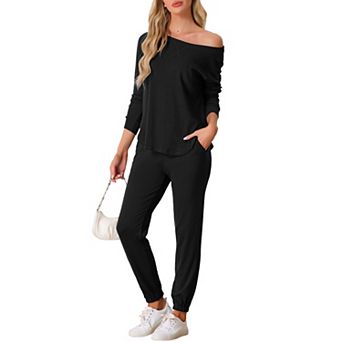 Womens Pajama Set Long Sleeve Knit Round Neck Loungwear Set