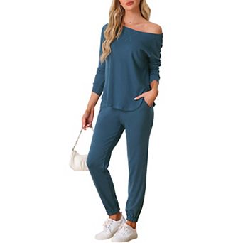 Womens Pajama Set Long Sleeve Knit Round Neck Loungwear Set