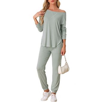 Womens Pajama Set Long Sleeve Knit Round Neck Loungwear Set