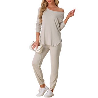 Womens Pajama Set Long Sleeve Knit Round Neck Loungwear Set