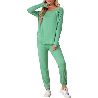 Womens Pajama Set Long Sleeve Knit Round Neck Loungwear Set