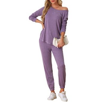 Womens Pajama Set Long Sleeve Knit Round Neck Loungwear Set