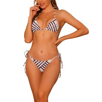 Women's Bikini 2 pc Set High Cut Side Tie Plaid Print Bathing Suits Swimsuits