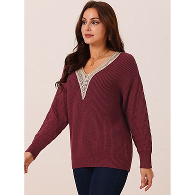 Womens' Long Sleeve Sweaters Trendy Lace V Neck Knit Drop Shoulder Pullover Sweater Jumper Tops