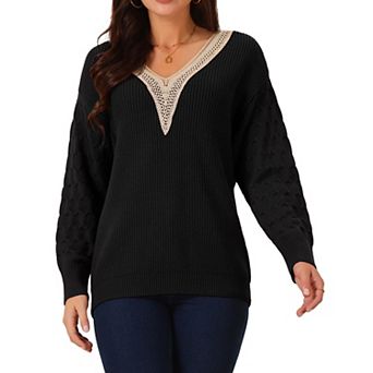 Womens' Long Sleeve Sweaters Trendy Lace V Neck Knit Drop Shoulder Pullover Sweater Jumper Tops