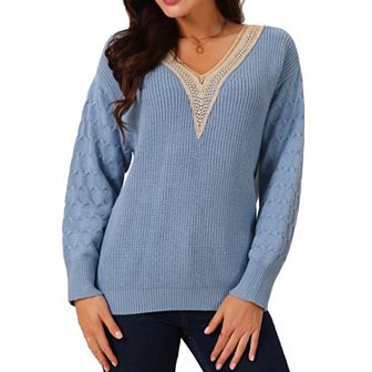 Womens' Long Sleeve Sweaters Trendy Lace V Neck Knit Drop Shoulder Pullover Sweater Jumper Tops