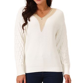 Womens' Long Sleeve Sweaters Trendy Lace V Neck Knit Drop Shoulder Pullover Sweater Jumper Tops
