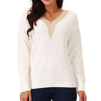 Womens' Long Sleeve Sweaters Trendy Lace V Neck Knit Drop Shoulder Pullover Sweater Jumper Tops