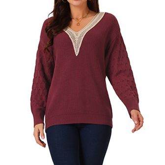 Womens' Long Sleeve Sweaters Trendy Lace V Neck Knit Drop Shoulder Pullover Sweater Jumper Tops