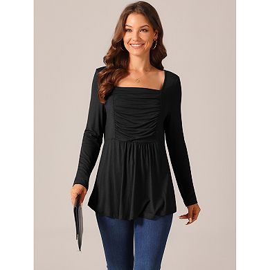Women's Long Sleeve Shirts Square Neck Loose Fit Blouses Pleated Flowy Tunic Tops