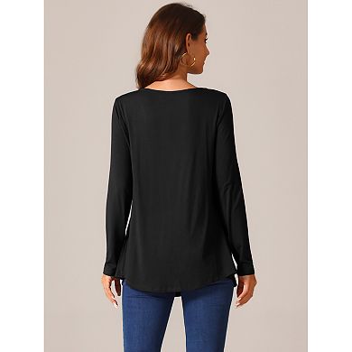 Women's Long Sleeve Shirts Square Neck Loose Fit Blouses Pleated Flowy Tunic Tops
