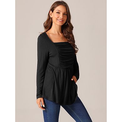 Women's Long Sleeve Shirts Square Neck Loose Fit Blouses Pleated Flowy Tunic Tops