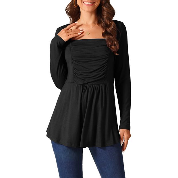 Seta T Women's Long Sleeve Square Neck Loose Fit Pleated Flowy Tunic Top