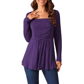 Women's Long Sleeve Shirts Square Neck Loose Fit Blouses Pleated Flowy Tunic Tops