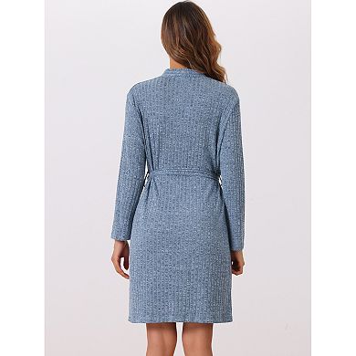 Womens Robe Ribbed Knit Knee Length Robes Stretchy Short Sleepwear With Pockets