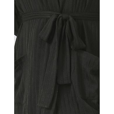 Womens Robe Ribbed Knit Knee Length Robes Stretchy Short Sleepwear With Pockets