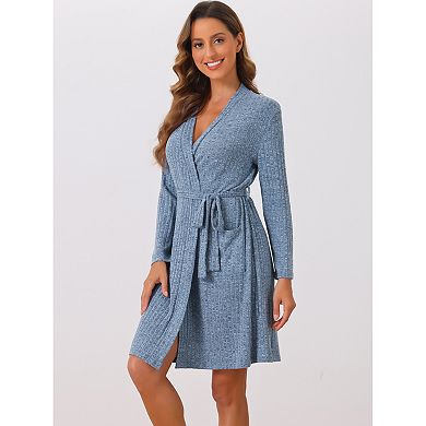 Womens Robe Ribbed Knit Knee Length Robes Stretchy Short Sleepwear With Pockets