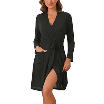 Womens Robe Ribbed Knit Knee Length Robes Stretchy Short Sleepwear With Pockets