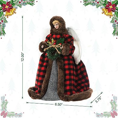 Glitzhome 12"H Faux Fur Angel Figurine Christmas Tree Topper