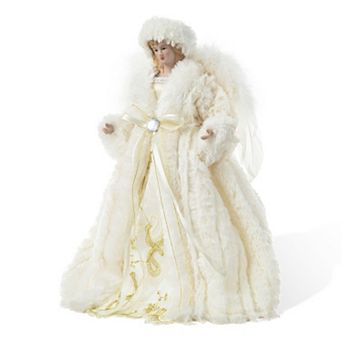 Glitzhome 12"H Faux Fur Angel Figurine Christmas Tree Topper