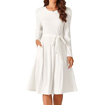 Women's Long Sleeve Crewneck Knee Length Tie Waist Casual Dress With Pockets