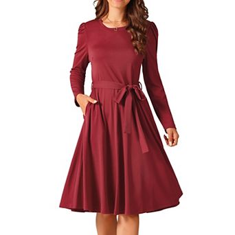 Women's Long Sleeve Crewneck Knee Length Tie Waist Casual Dress With Pockets