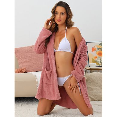 Womens Fuzzy Robe Belted Hooded Fleece Plush Bath Robe Winter Spa Robes With Pockets Mini Bathrobe
