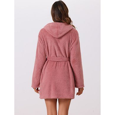 Womens Fuzzy Robe Belted Hooded Fleece Plush Bath Robe Winter Spa Robes With Pockets Mini Bathrobe