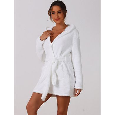 Womens Fuzzy Robe Belted Hooded Fleece Plush Bath Robe Winter Spa Robes With Pockets Mini Bathrobe