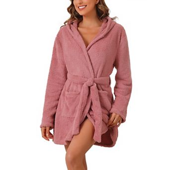 Womens Fuzzy Robe Belted Hooded Fleece Plush Bath Robe Winter Spa Robes With Pockets Mini Bathrobe