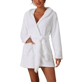 Womens Fuzzy Robe Belted Hooded Fleece Plush Bath Robe Winter Spa Robes With Pockets Mini Bathrobe