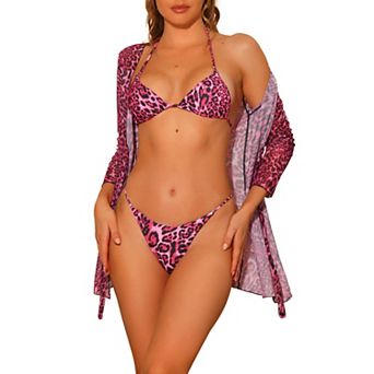 Women's Leopard Print Bikini Sets Three Piece Lace Up Swimwear Suits Mesh Cover Up