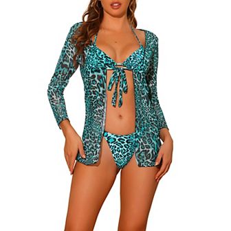 Women's Leopard Print Bikini Sets Three Piece Lace Up Swimwear Suits Mesh Cover Up