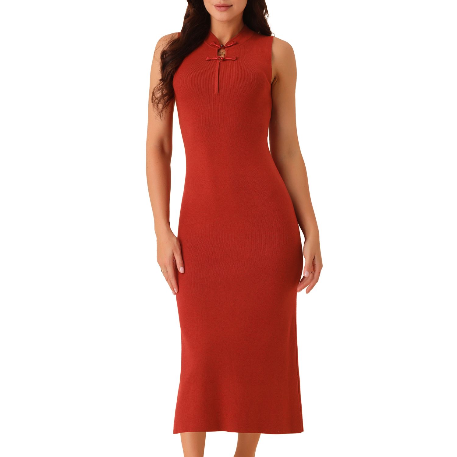 Seta T Women's Sleeveless Ribbed Knit Midi Sweater Dress Beige X-Large Women's Sleeveless Ribbed Knit Midi Sweater Dress Casual Mock Neck Elegant  Tank Bodycon Dresses