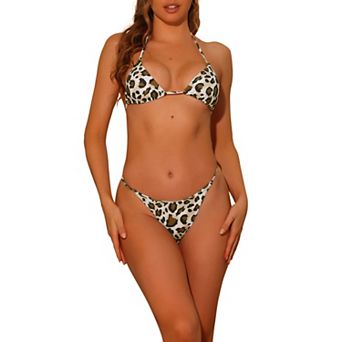 Women's Leopard Halter Bikini Sets Two Piece Lace Up Triangle Thong Bottoms Swimwear
