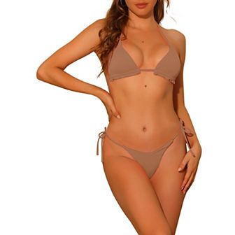 Women's Halter Ribbed Swimsuits Bikini 2 pc Set Side Tie Triangle Bottoms Suit