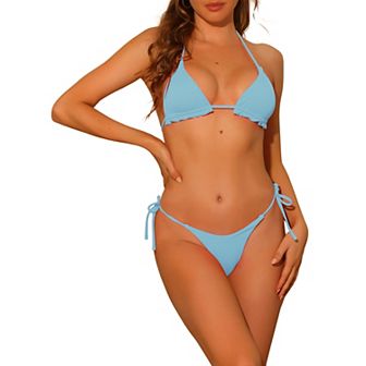 Women's Halter Ribbed Swimsuits Bikini 2 pc Set Side Tie Triangle Bottoms Suit