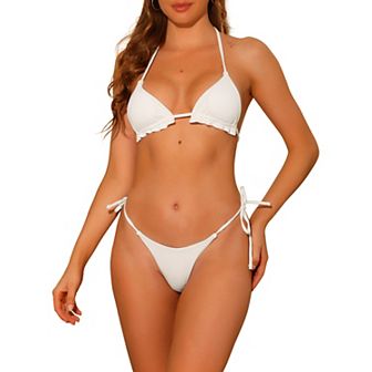 Women's Halter Ribbed Swimsuits Bikini 2 pc Set Side Tie Triangle Bottoms Suit